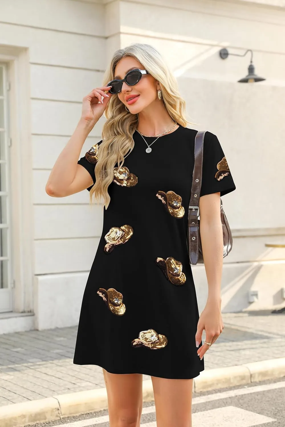 LUKYCILD Western Tshirt Dress Women Sequin Dress Cowgirl Graphic Mini Tee Shirt Dress Casual Summer Short Sleeve Dress