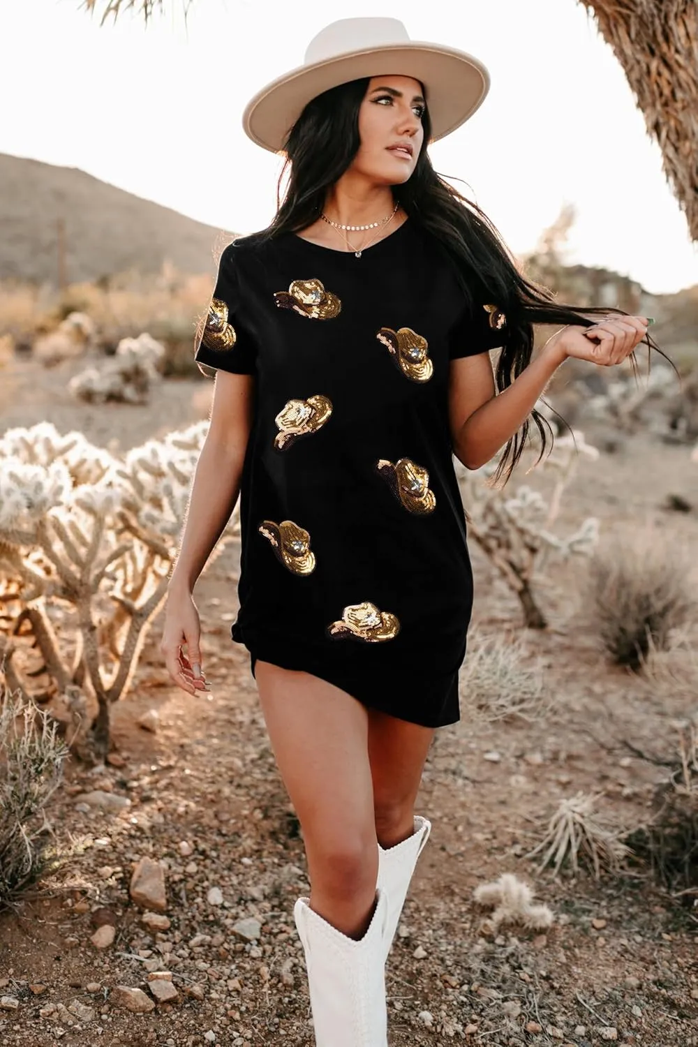 LUKYCILD Western Tshirt Dress Women Sequin Dress Cowgirl Graphic Mini Tee Shirt Dress Casual Summer Short Sleeve Dress