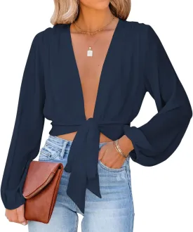 LYANER Women's Deep V Neck Long Sleeve Tie Front Knot Sexy Wrap Crop Top Blouse