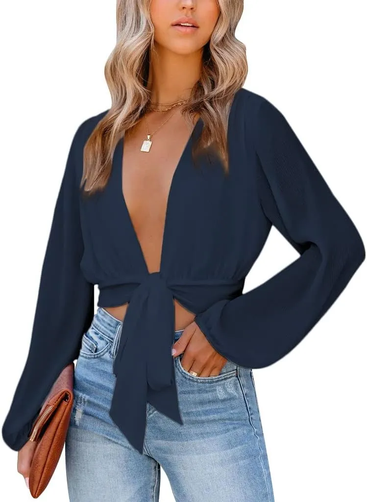 LYANER Women's Deep V Neck Long Sleeve Tie Front Knot Sexy Wrap Crop Top Blouse