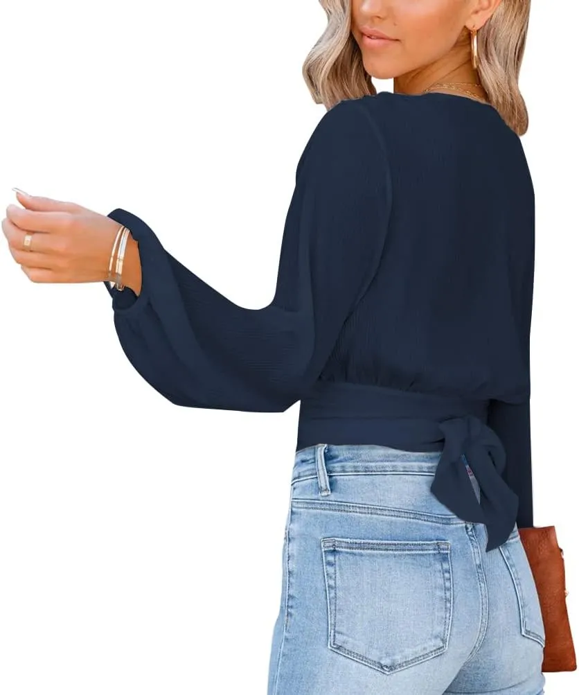 LYANER Women's Deep V Neck Long Sleeve Tie Front Knot Sexy Wrap Crop Top Blouse