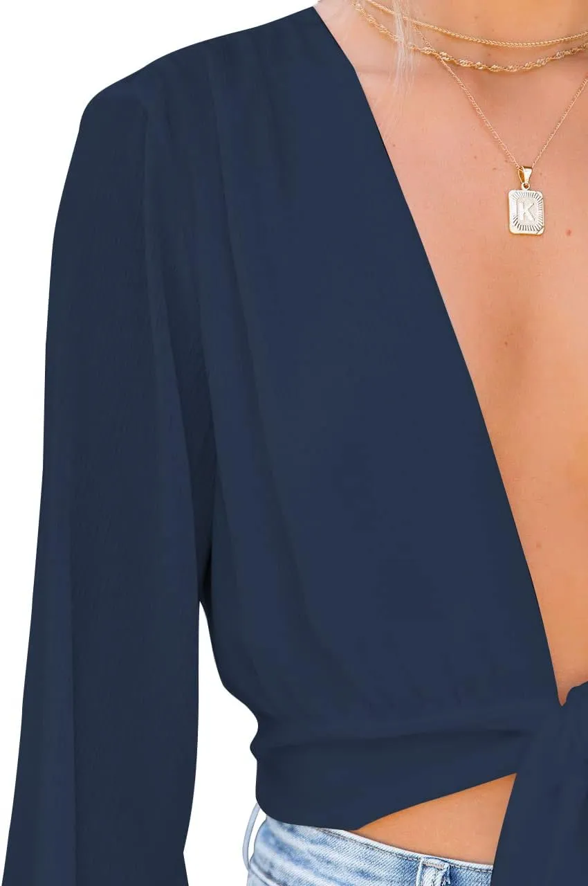 LYANER Women's Deep V Neck Long Sleeve Tie Front Knot Sexy Wrap Crop Top Blouse