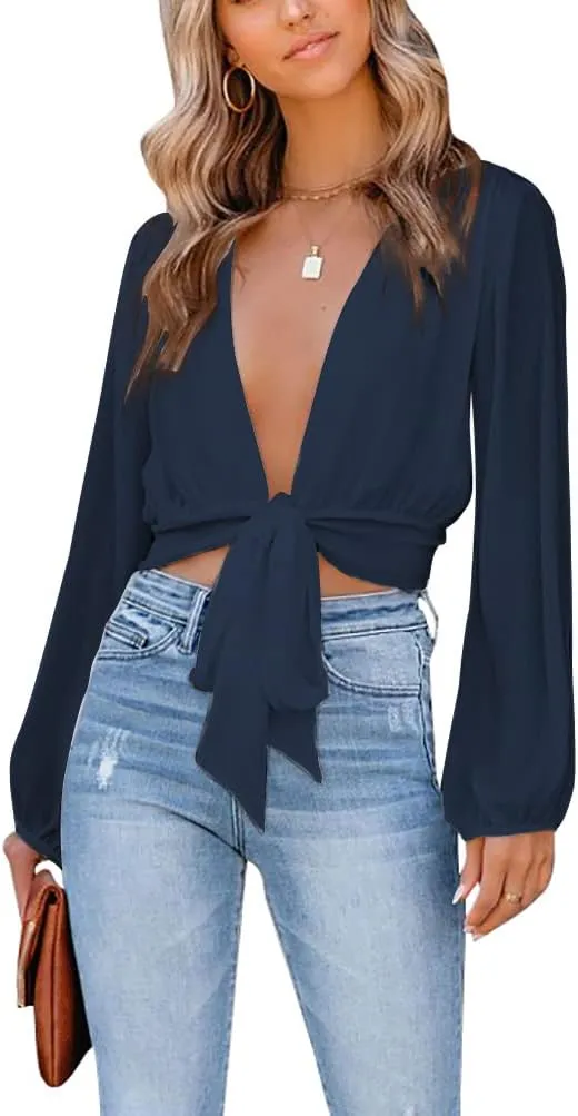 LYANER Women's Deep V Neck Long Sleeve Tie Front Knot Sexy Wrap Crop Top Blouse