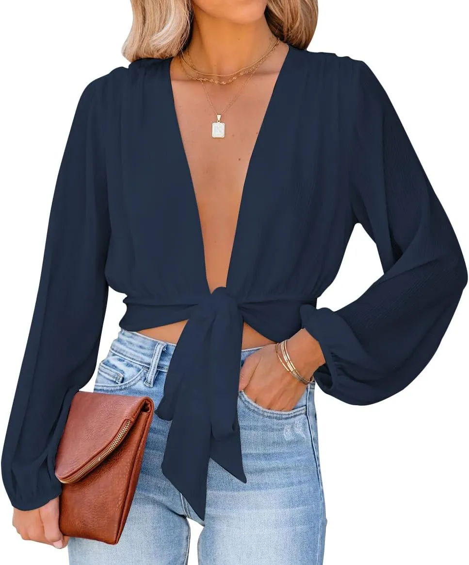 LYANER Women's Deep V Neck Long Sleeve Tie Front Knot Sexy Wrap Crop Top Blouse