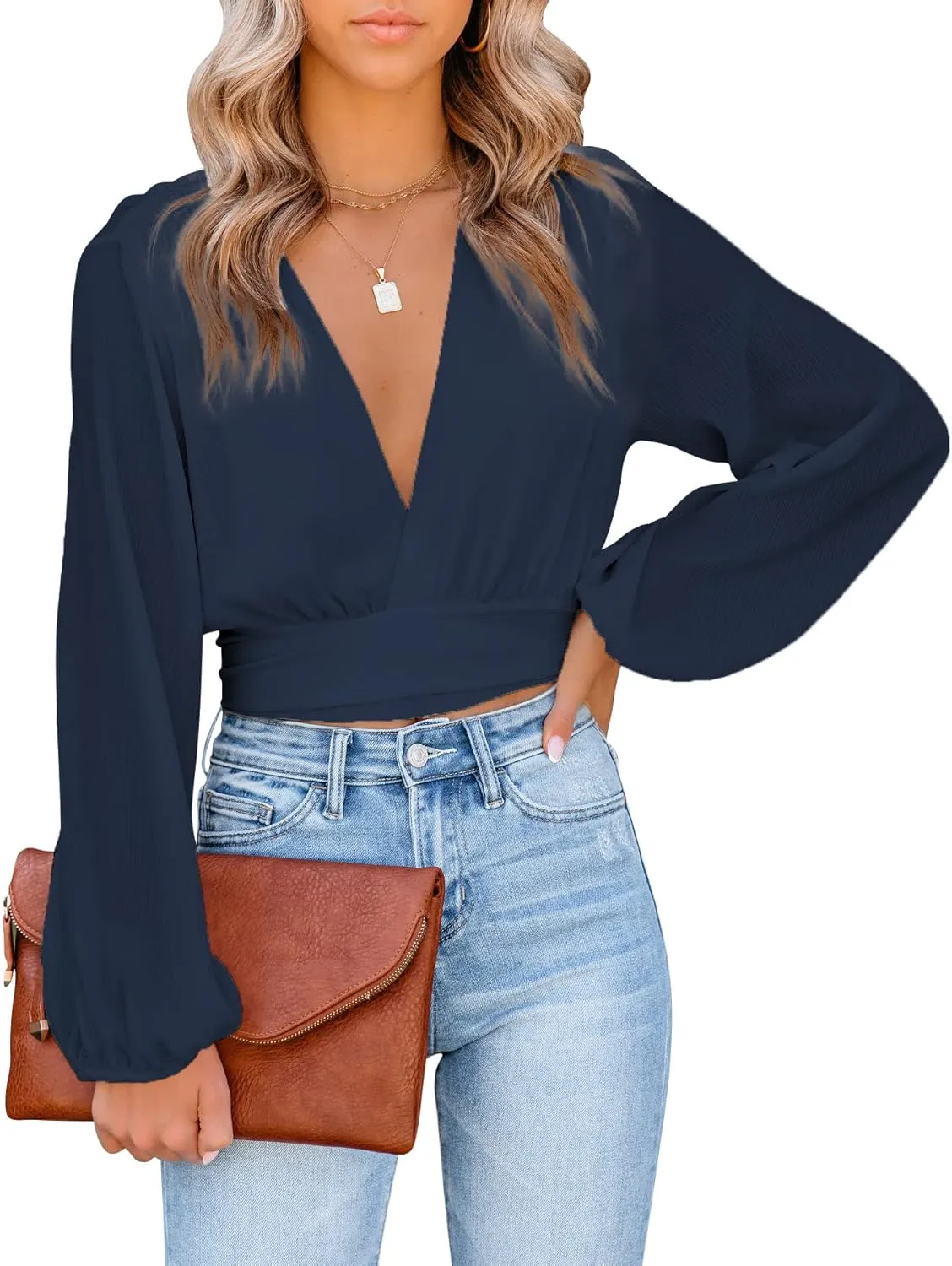 LYANER Women's Deep V Neck Long Sleeve Tie Front Knot Sexy Wrap Crop Top Blouse