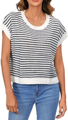 MakeMeChic Women's Striped Knit Vest Tops Short Sleeve Sweater Vest Tank Top