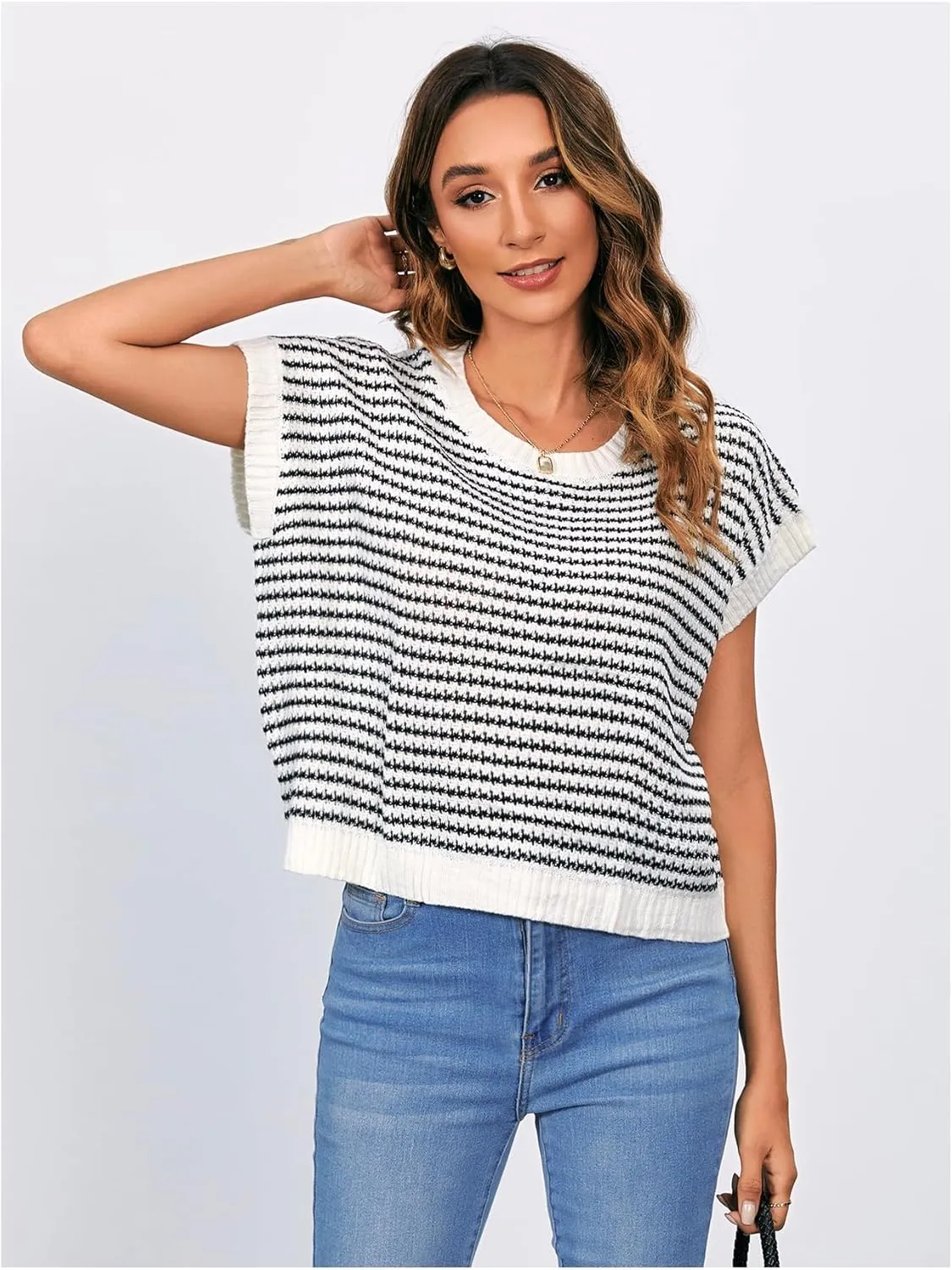 MakeMeChic Women's Striped Knit Vest Tops Short Sleeve Sweater Vest Tank Top
