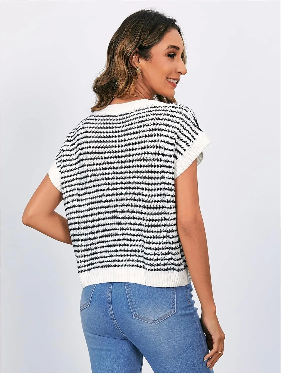 MakeMeChic Women's Striped Knit Vest Tops Short Sleeve Sweater Vest Tank Top