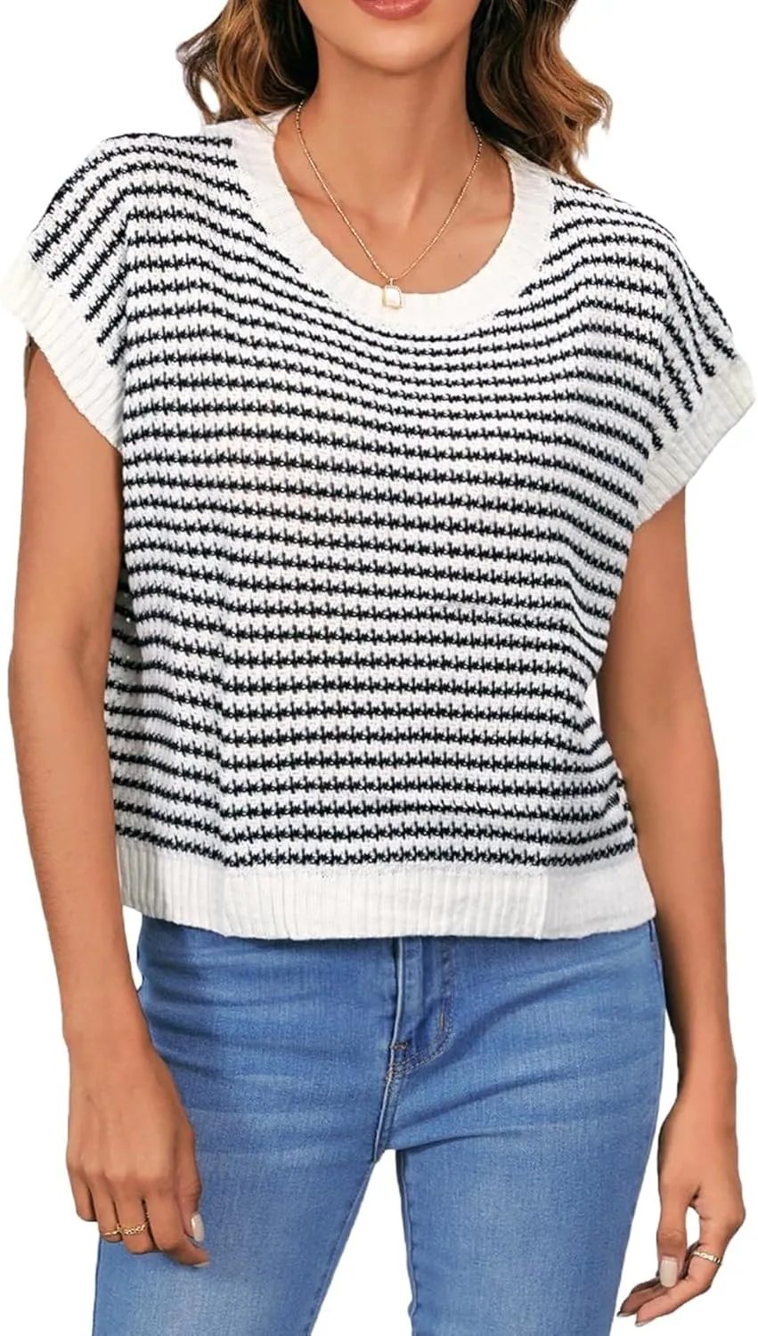 MakeMeChic Women's Striped Knit Vest Tops Short Sleeve Sweater Vest Tank Top