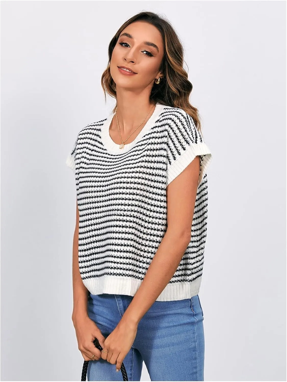 MakeMeChic Women's Striped Knit Vest Tops Short Sleeve Sweater Vest Tank Top