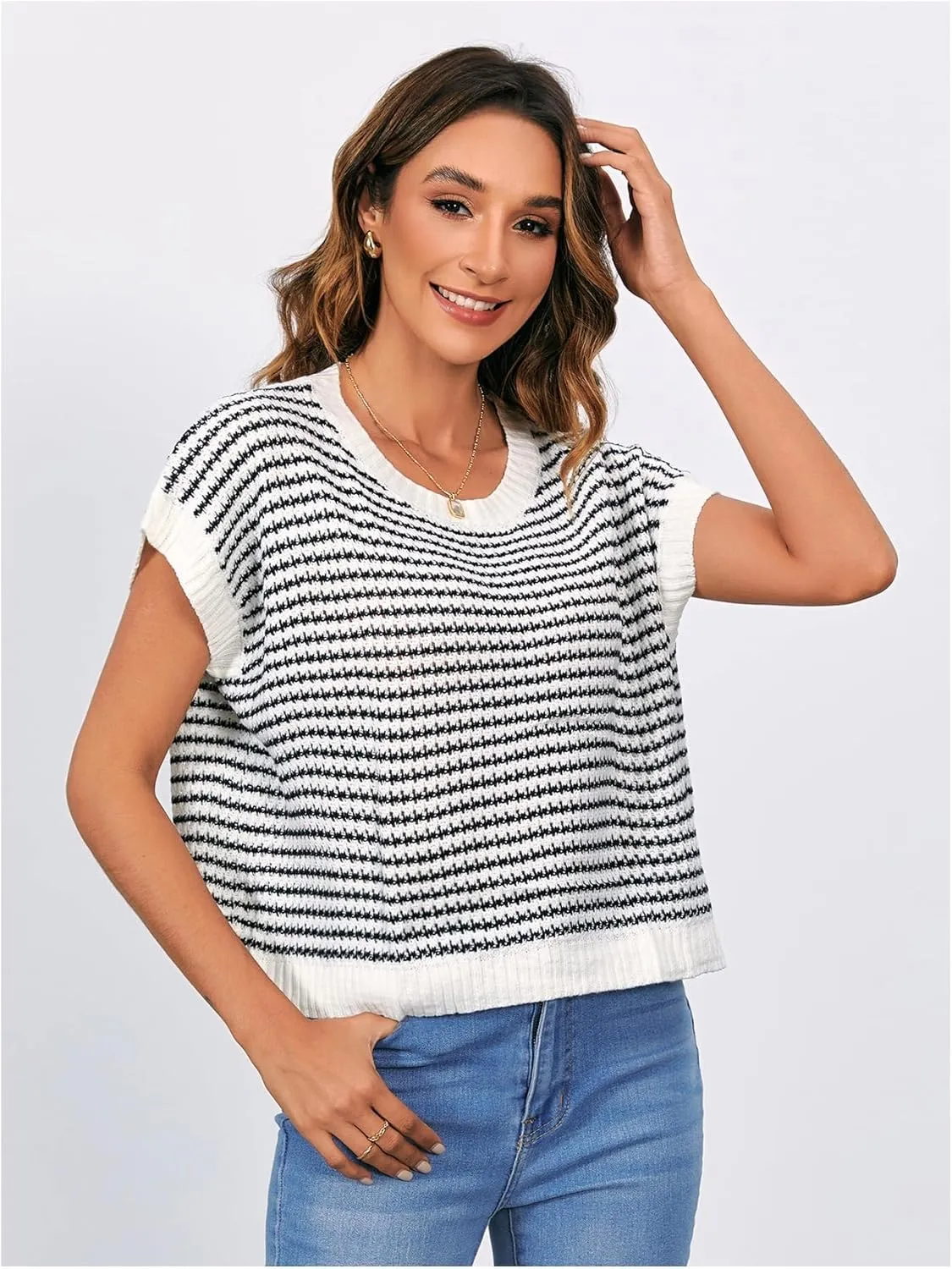 MakeMeChic Women's Striped Knit Vest Tops Short Sleeve Sweater Vest Tank Top