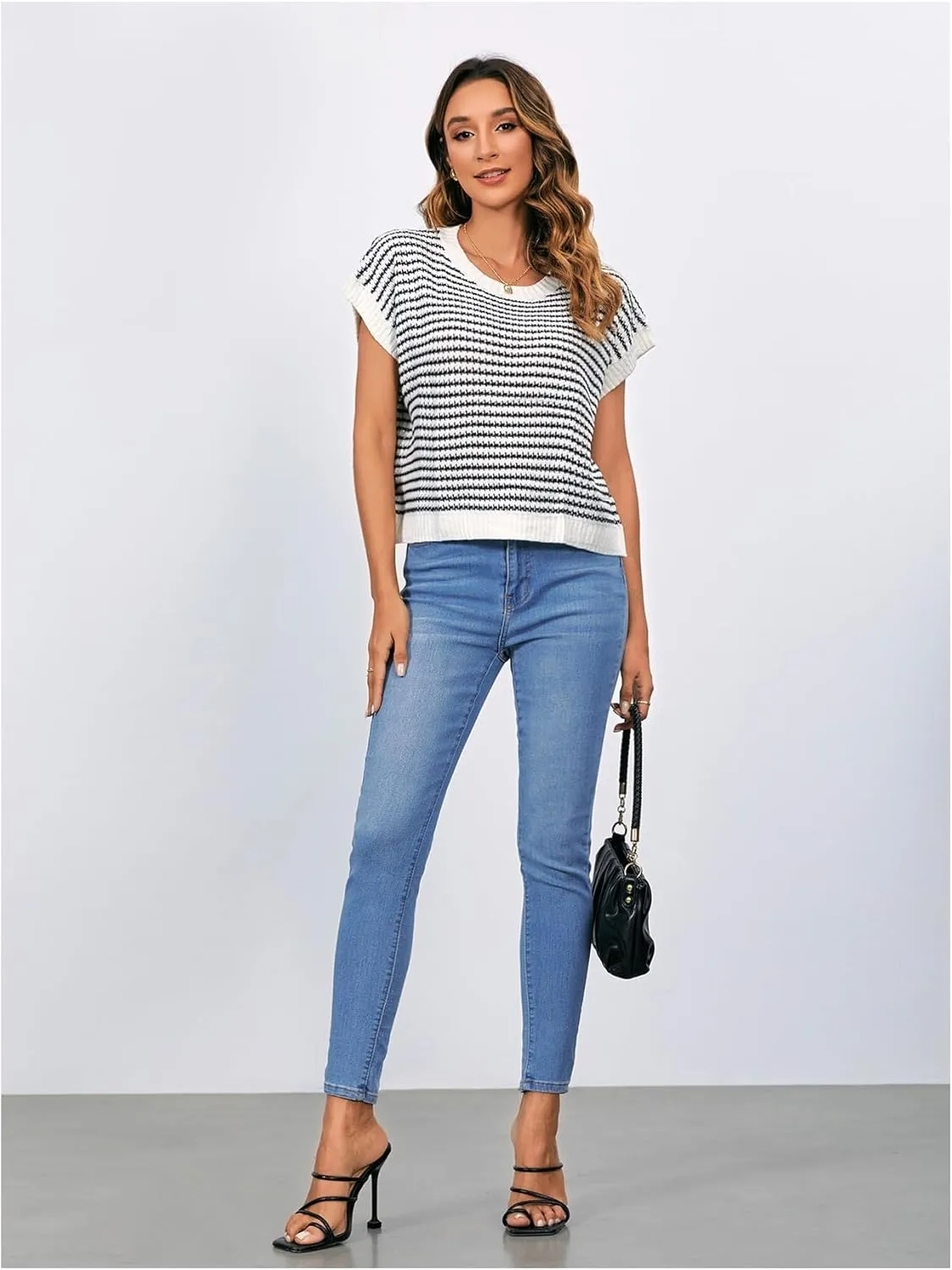 MakeMeChic Women's Striped Knit Vest Tops Short Sleeve Sweater Vest Tank Top