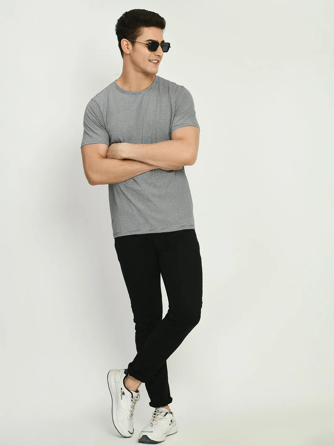 Men's Gray White Striped Crew Neck T-Shirt