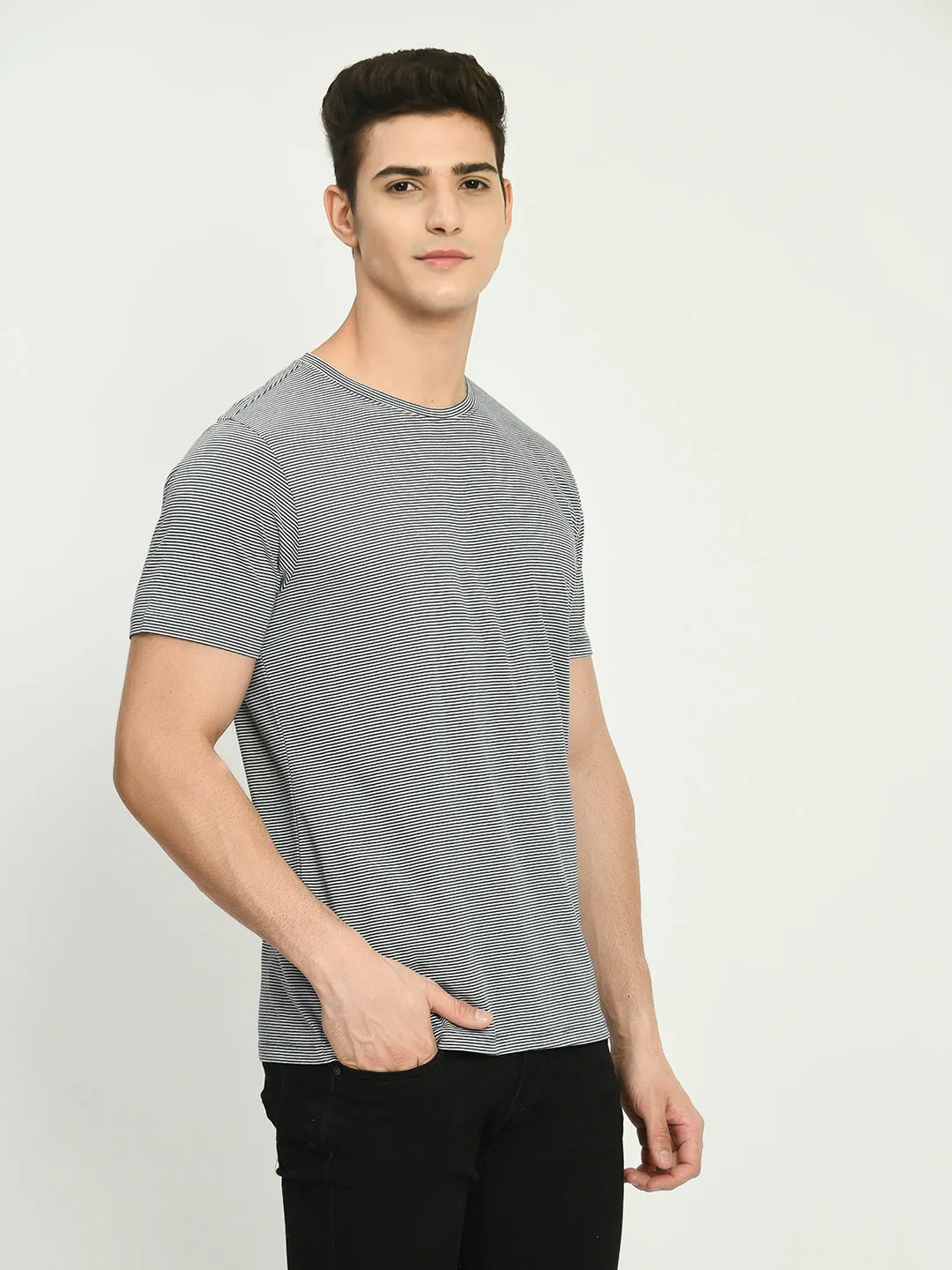 Men's Gray White Striped Crew Neck T-Shirt