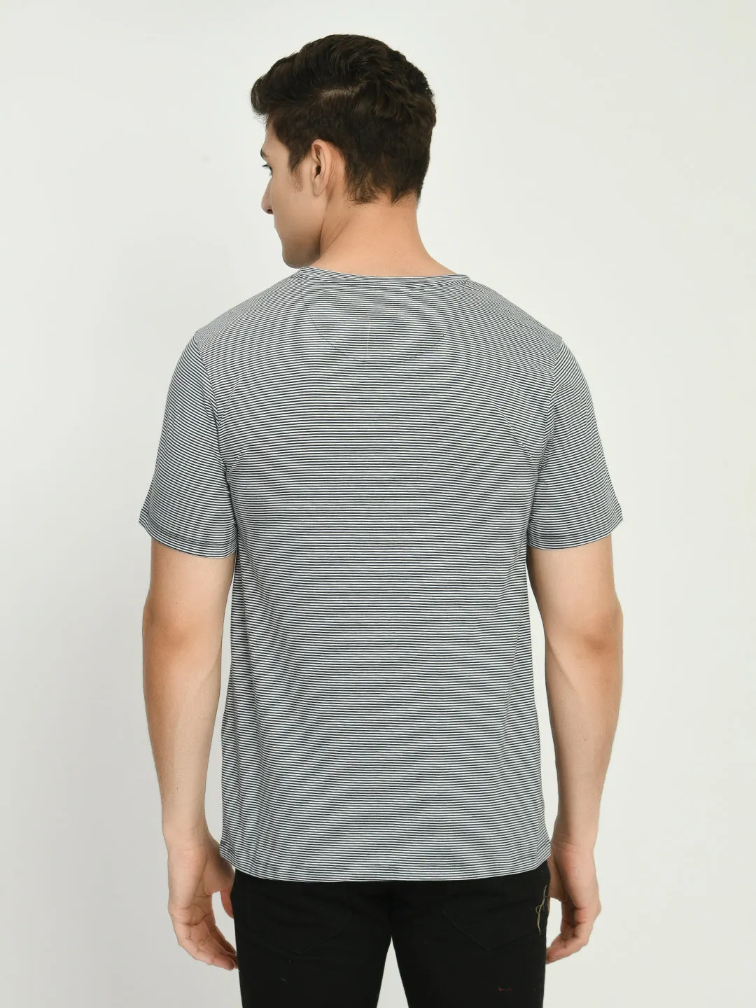 Men's Gray White Striped Crew Neck T-Shirt