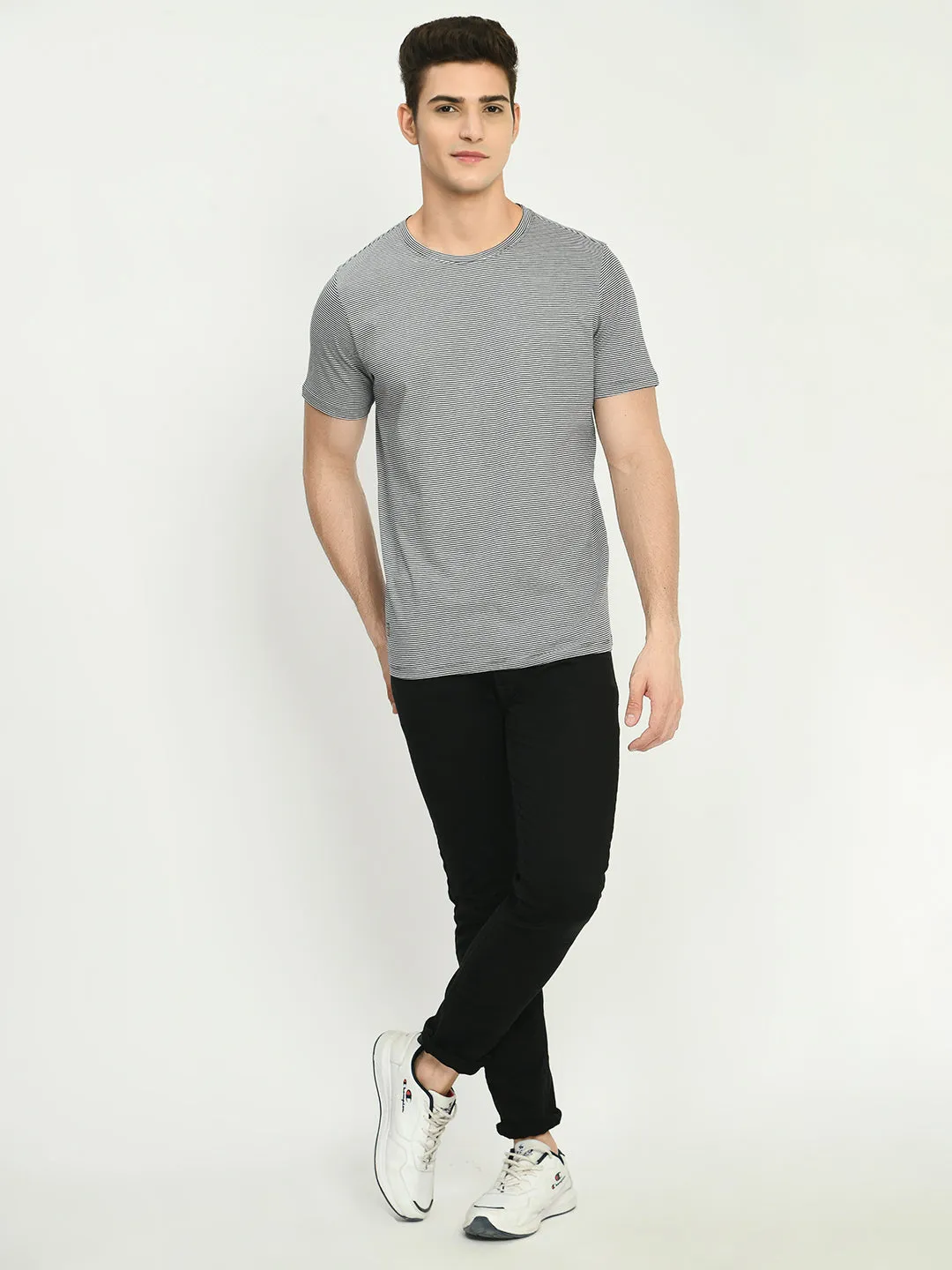 Men's Gray White Striped Crew Neck T-Shirt