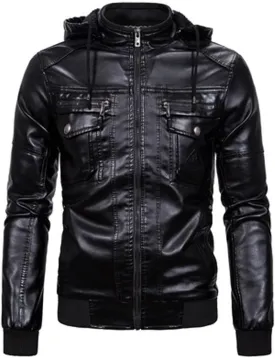 Men'S Leather Jacket Winter Vintage Zipper Hoodie Color Imitation Leather Coat