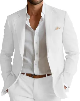 Mens Linen Suit 2 Piece Slim Fit Linen Suit for Men Beach Wedding Two Button Summer Casual Prom Party Suits Set