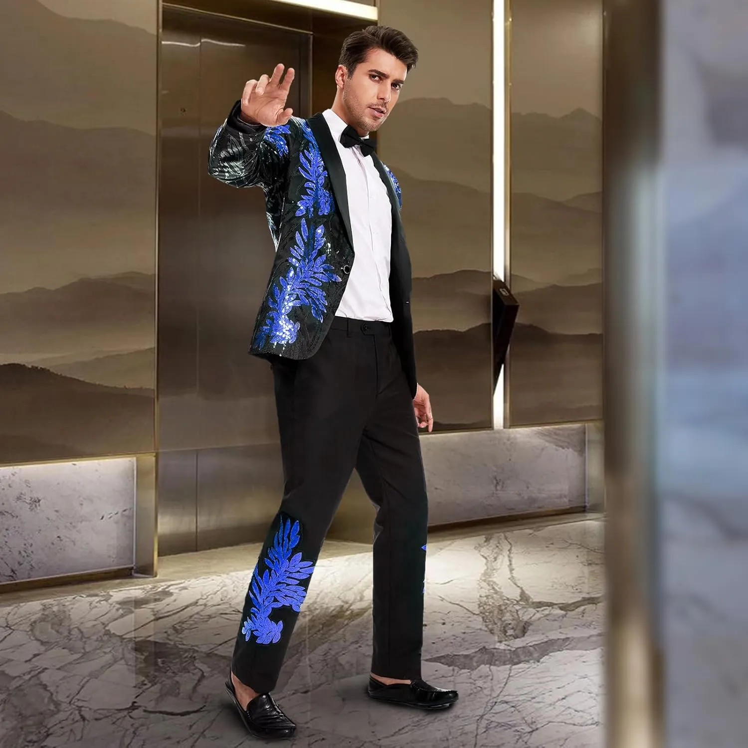 Men's Suit 2 Pieces Blazer and Pants Black with Gold Applique Fit for Wedding Prom