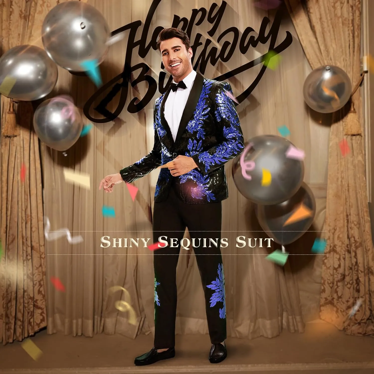 Men's Suit 2 Pieces Blazer and Pants Black with Gold Applique Fit for Wedding Prom