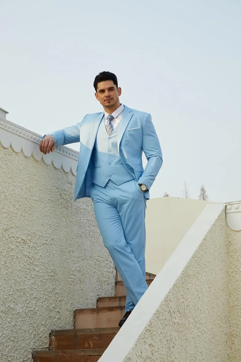 Men's Suits Slim Fit Tuxedo Suit Set 3 Piece 2-Button Solid Prom Wedding Party Blazer Vest Pants with Tie