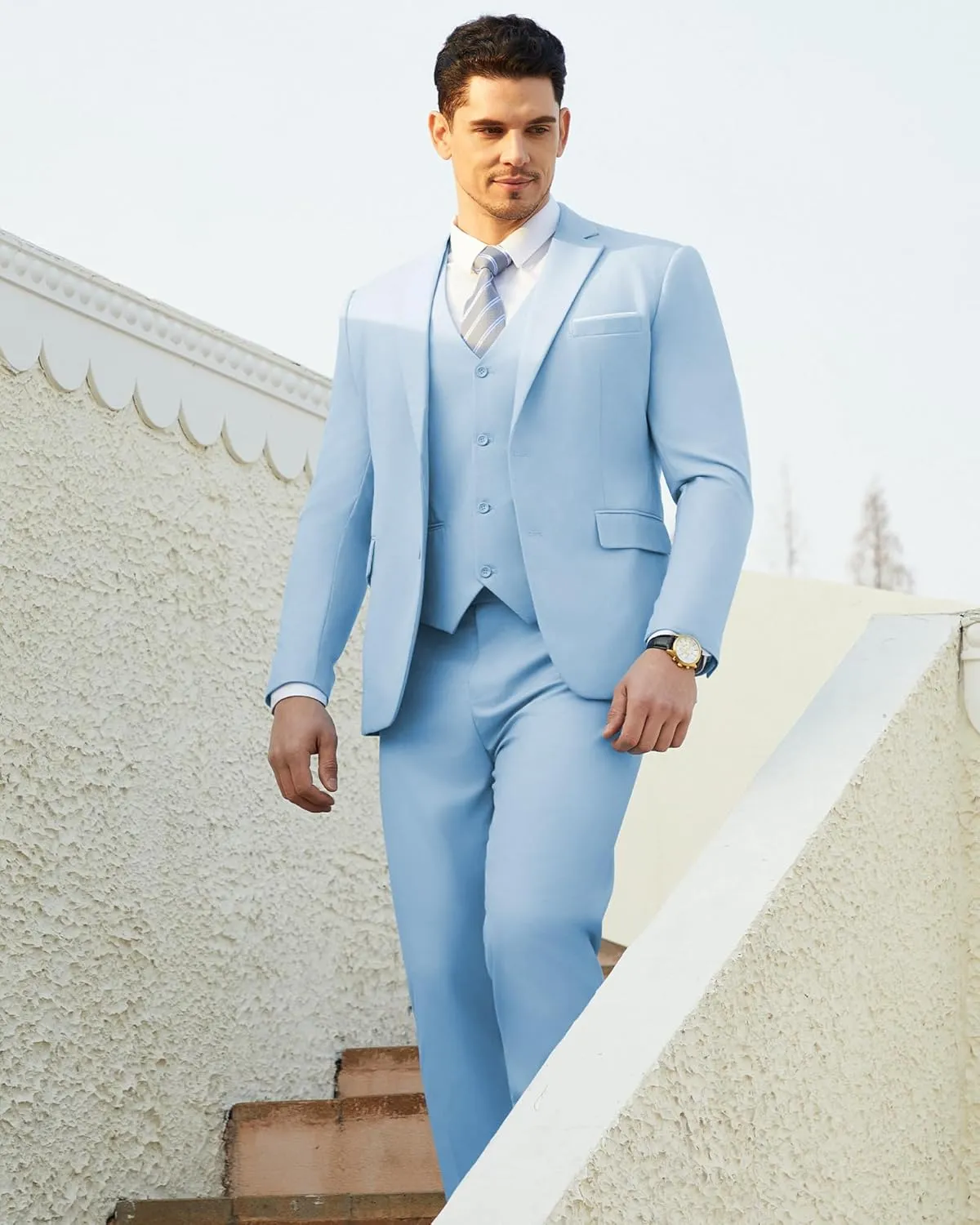Men's Suits Slim Fit Tuxedo Suit Set 3 Piece 2-Button Solid Prom Wedding Party Blazer Vest Pants with Tie