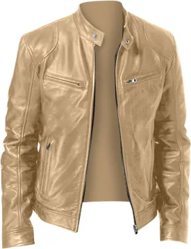 Mens Vintage Leather Casual Jackets Full Zipper Stand Collar Flight Faux Leather Coats Motorcycle Biker Outerwear