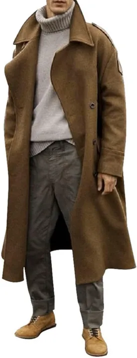 Mens Wool Blend Trench Coat Winter Double Breasted Lapel Windbreaker Overcoat Casual Long Trench Coats Peacoat Jacket