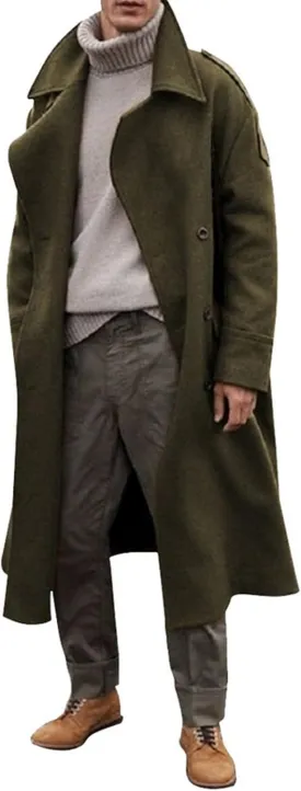 Mens Wool Blend Trench Coat Winter Double Breasted Lapel Windbreaker Overcoat Casual Long Trench Coats Peacoat Jacket