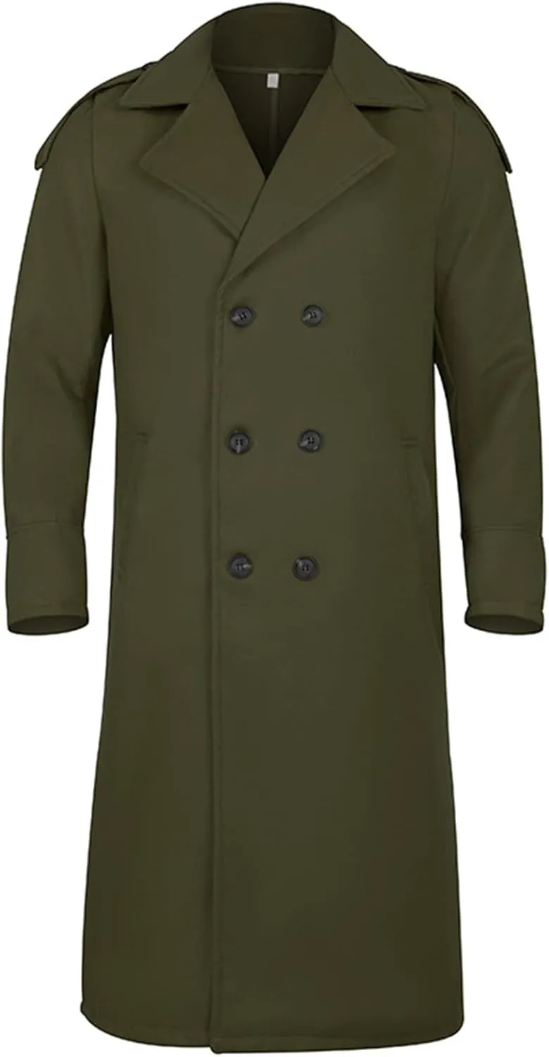 Mens Wool Blend Trench Coat Winter Double Breasted Lapel Windbreaker Overcoat Casual Long Trench Coats Peacoat Jacket