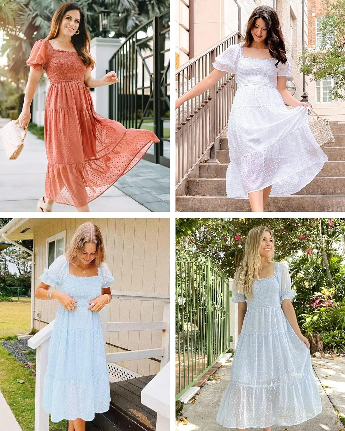 MEROKEETY Women's 2025 Summer Square Neck Puff Sleeve Boho Midi Dress Swiss Dot Ruffle Flowy Tie Back Dress