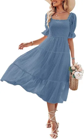 MEROKEETY Women's 2025 Summer Square Neck Puff Sleeve Boho Midi Dress Swiss Dot Ruffle Flowy Tie Back Dress