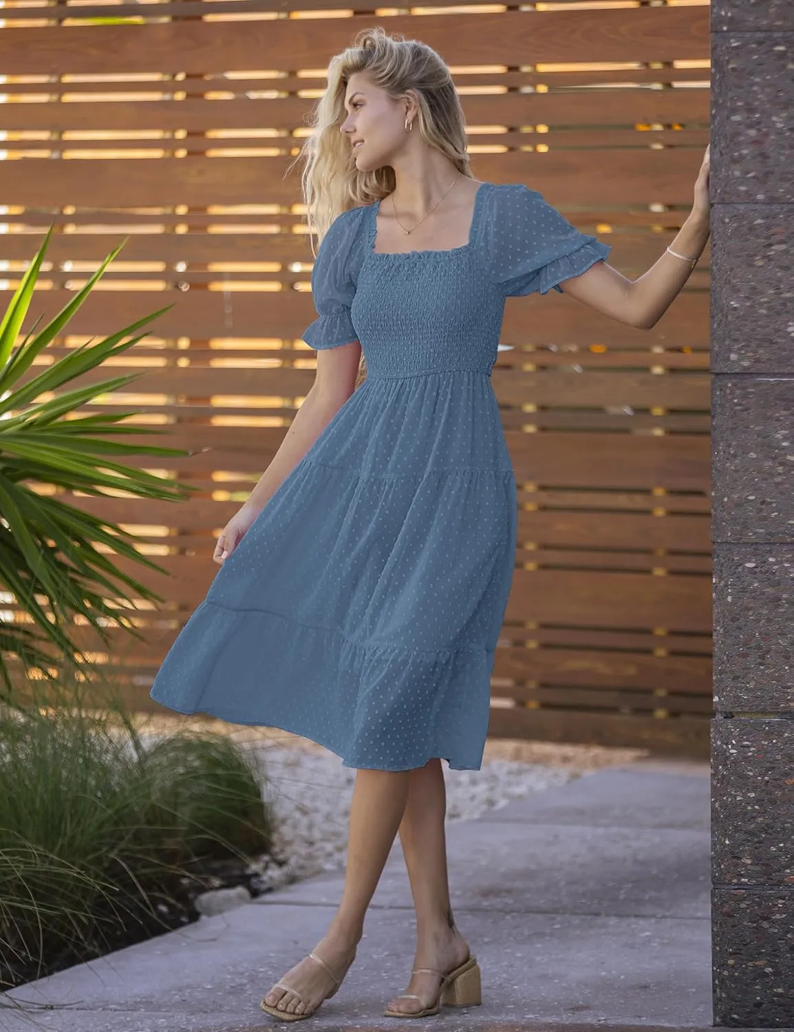 MEROKEETY Women's 2025 Summer Square Neck Puff Sleeve Boho Midi Dress Swiss Dot Ruffle Flowy Tie Back Dress