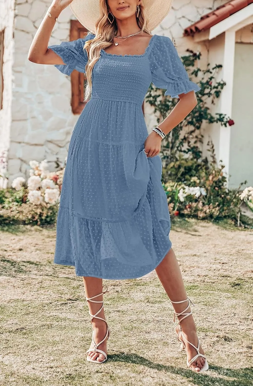 MEROKEETY Women's 2025 Summer Square Neck Puff Sleeve Boho Midi Dress Swiss Dot Ruffle Flowy Tie Back Dress