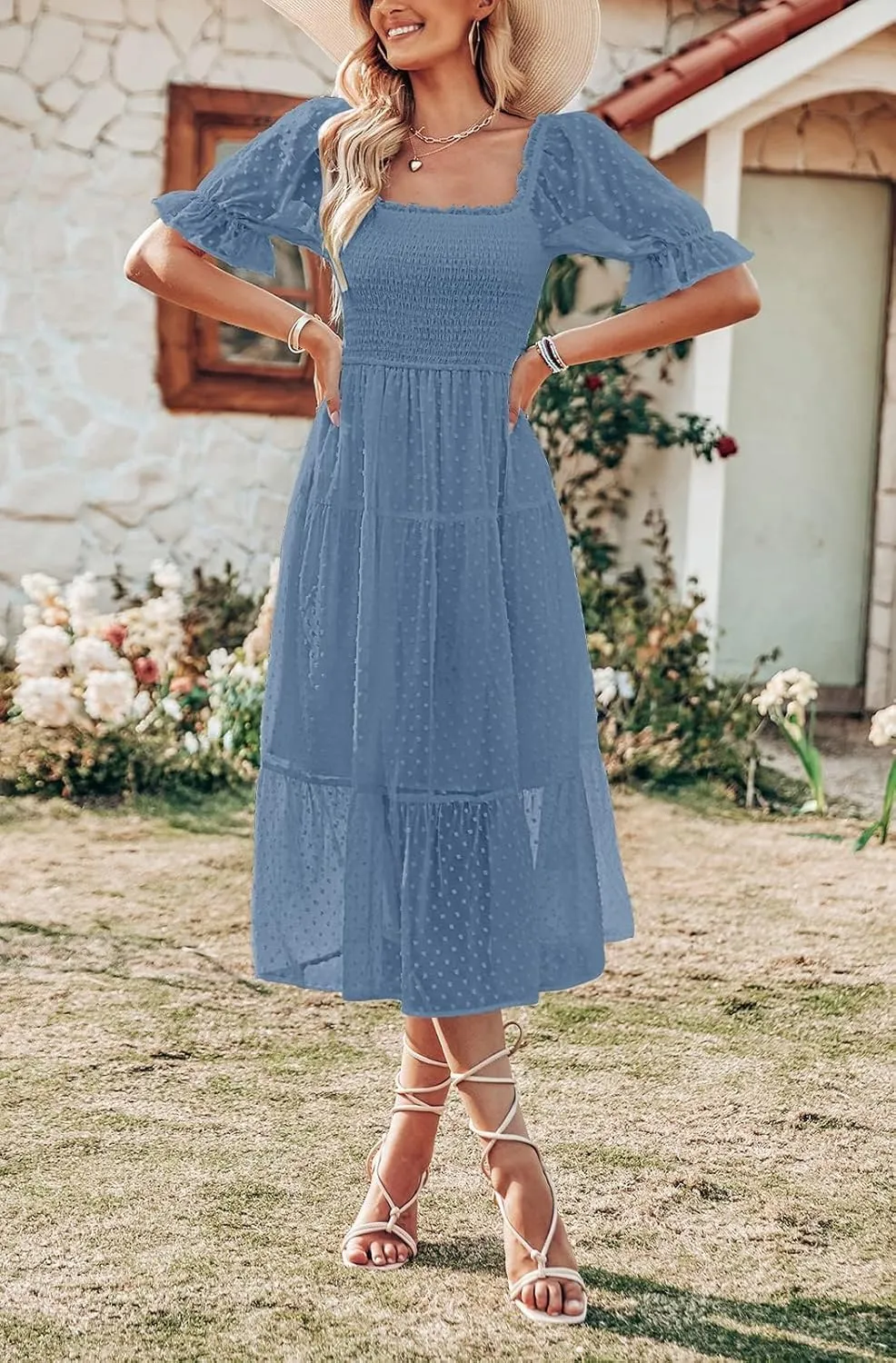 MEROKEETY Women's 2025 Summer Square Neck Puff Sleeve Boho Midi Dress Swiss Dot Ruffle Flowy Tie Back Dress
