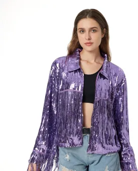 MISI CHAO Sequin Fringe Jacket Shiny Disco Cowgirl Outfit Theme Y2K 90s Streetwear Jacket Glitter Tassel Coat