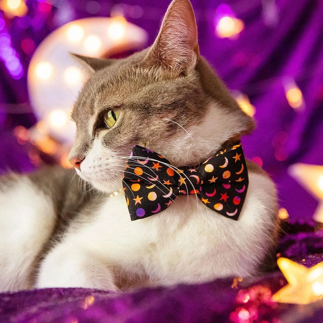 Moon Cat Bow Tie - "Cosmic" -  Black Celestial Starry Moon Bow Tie for Cat / Moon Phases, Luna, Stars / Cat   Small Dog Bowtie