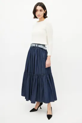 Navy Denim Gathered Belted Skirt