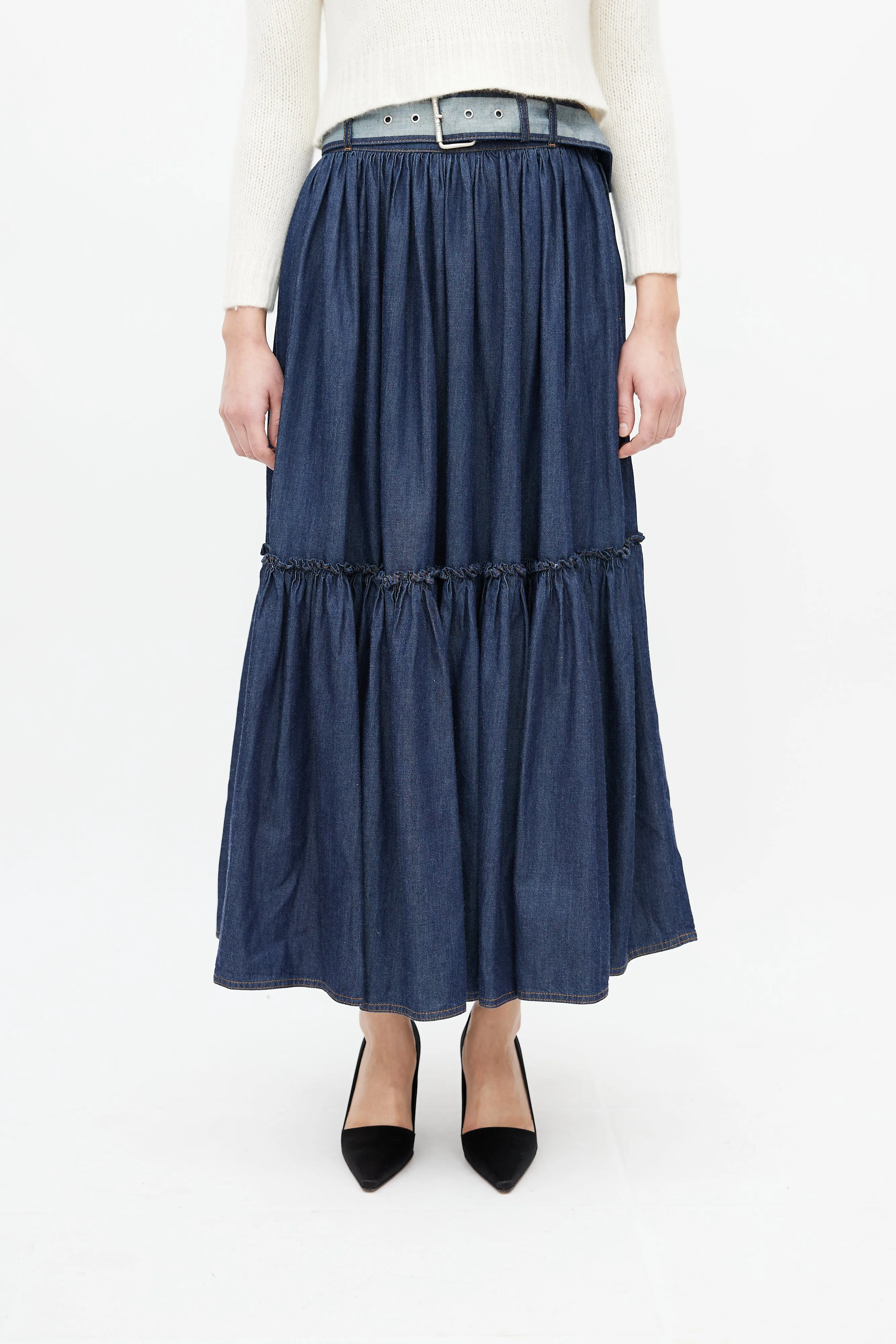 Navy Denim Gathered Belted Skirt