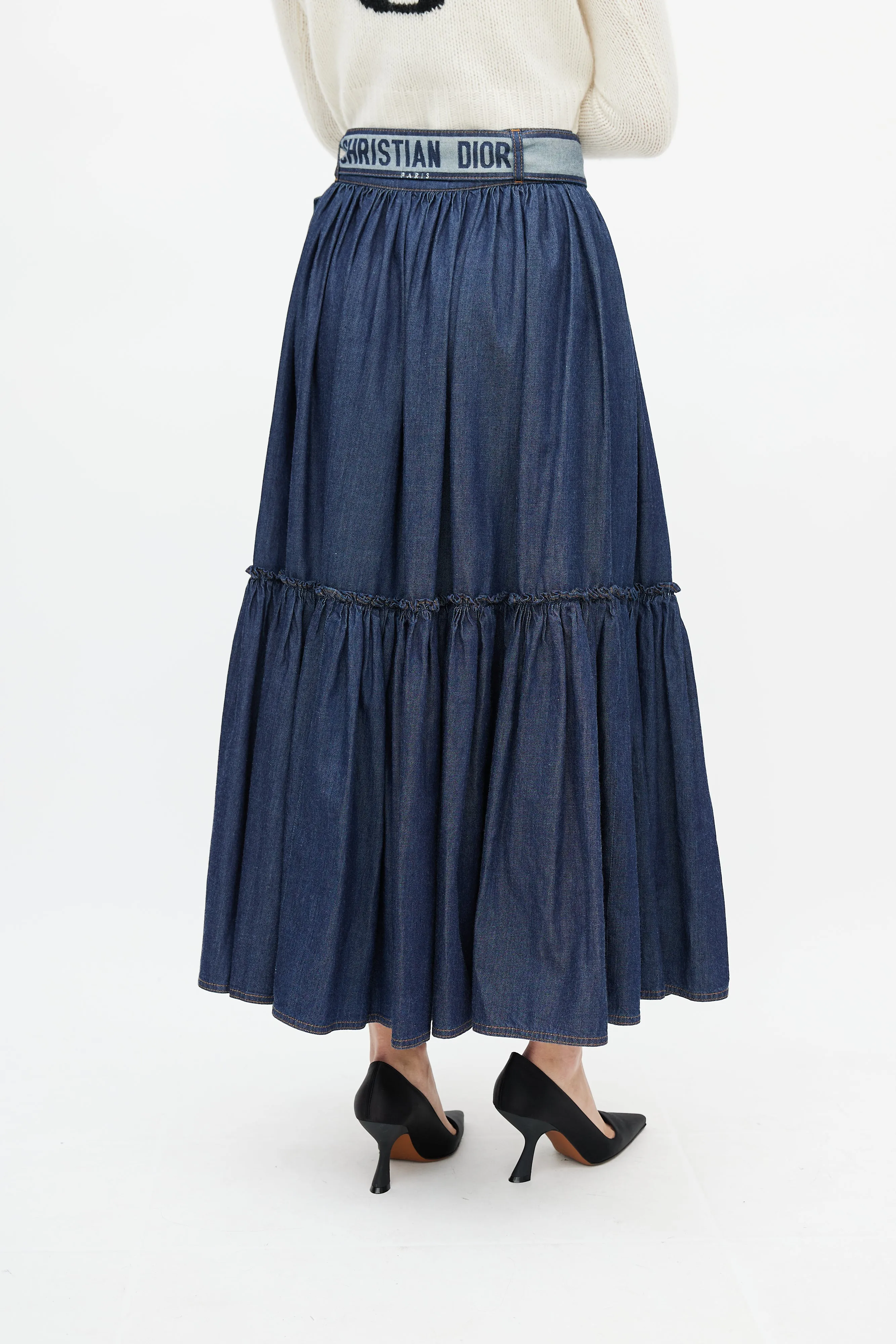 Navy Denim Gathered Belted Skirt