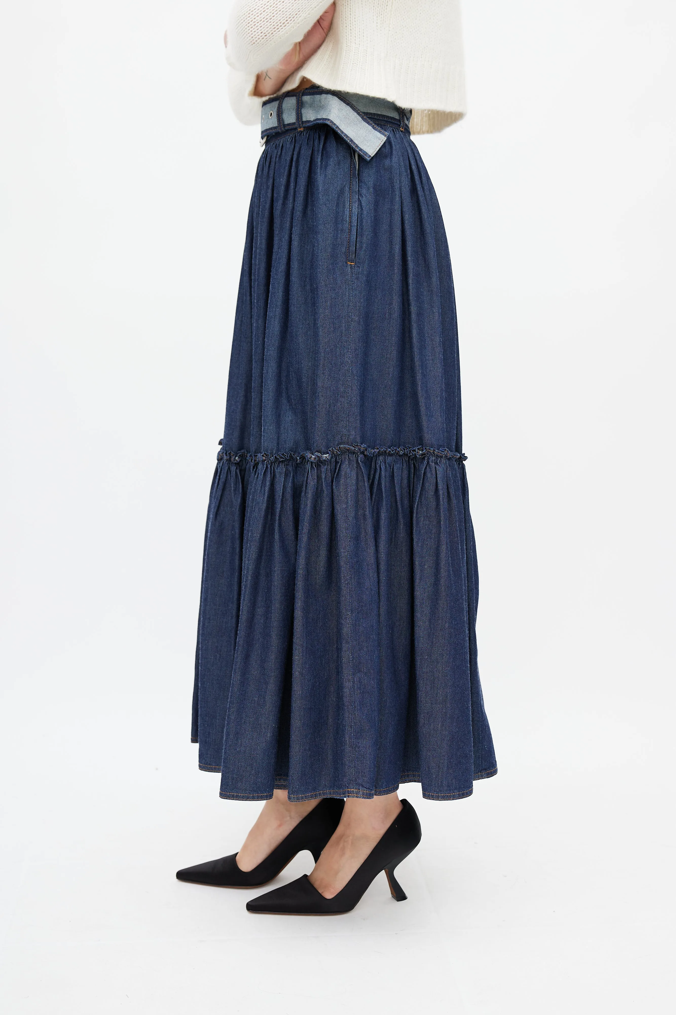 Navy Denim Gathered Belted Skirt
