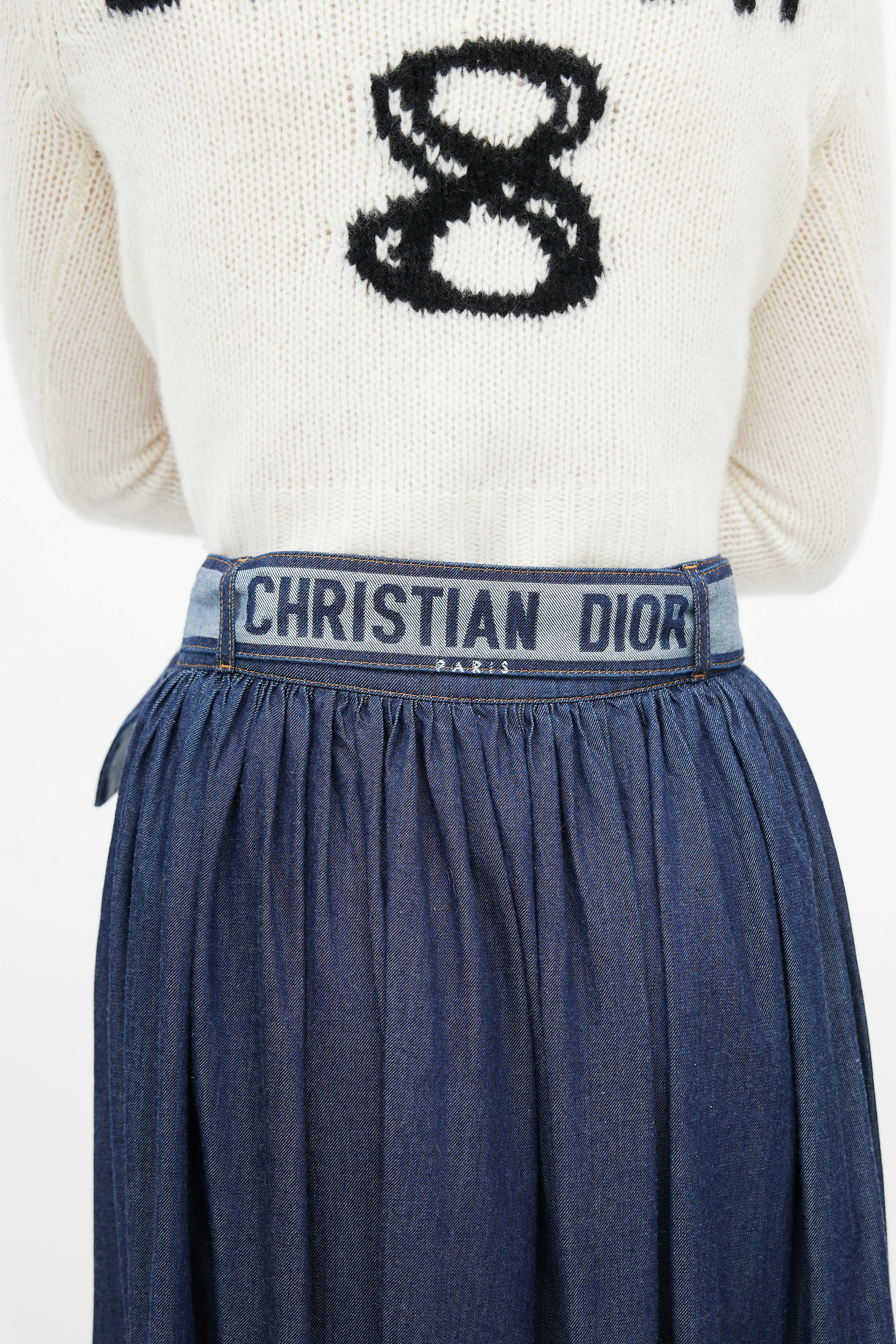 Navy Denim Gathered Belted Skirt