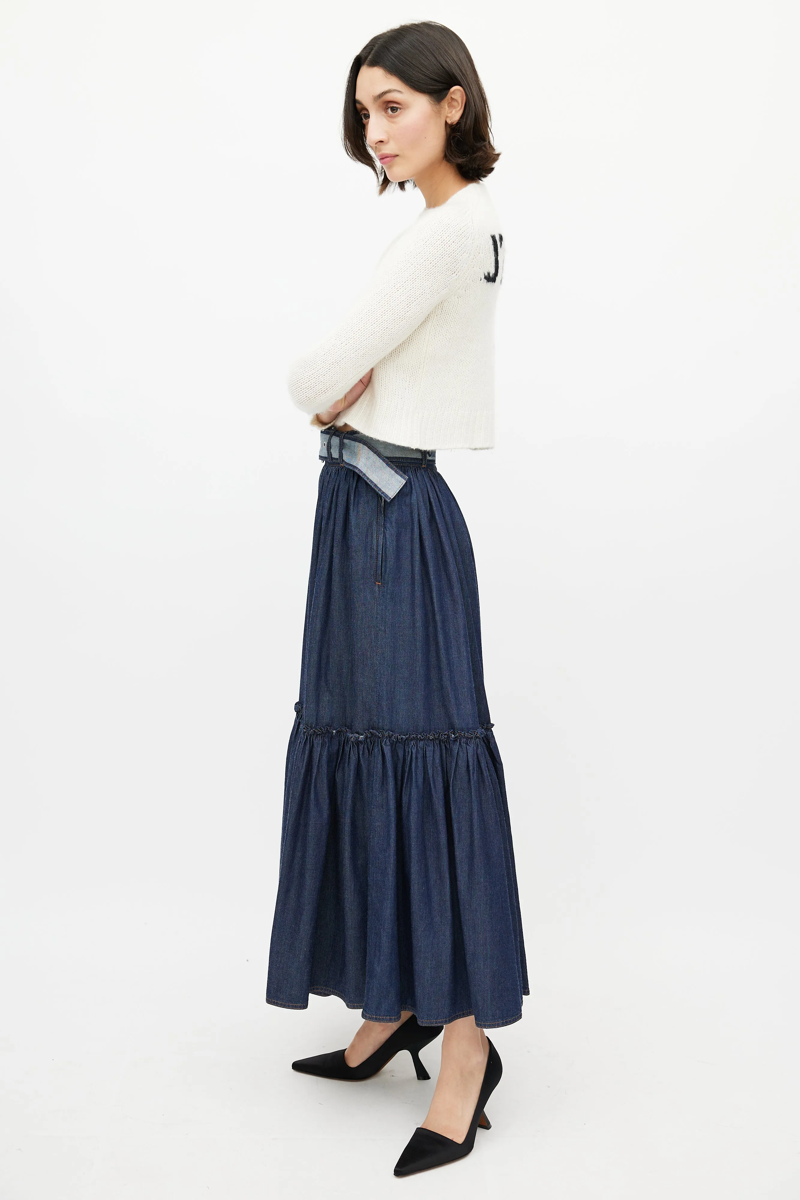 Navy Denim Gathered Belted Skirt