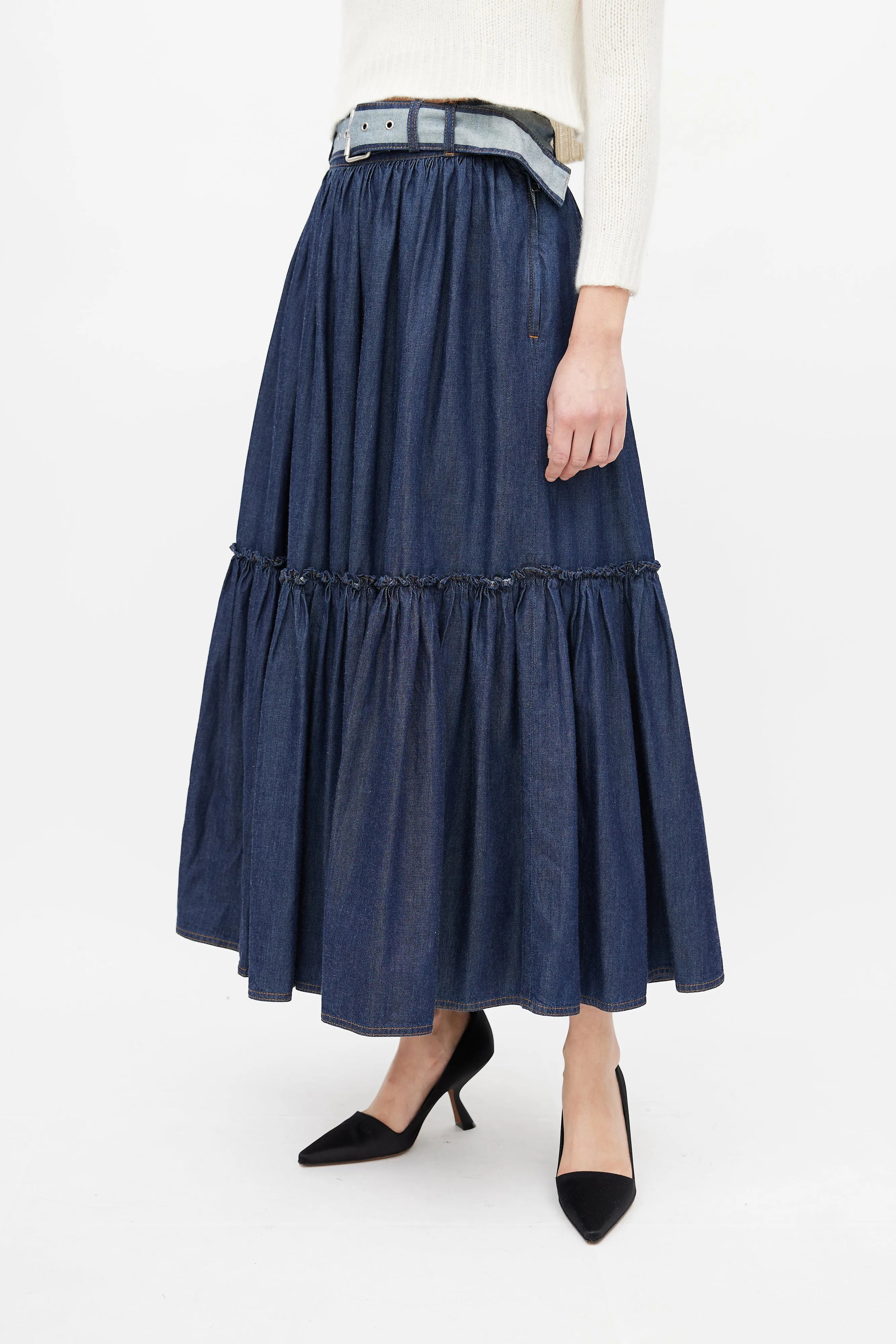 Navy Denim Gathered Belted Skirt