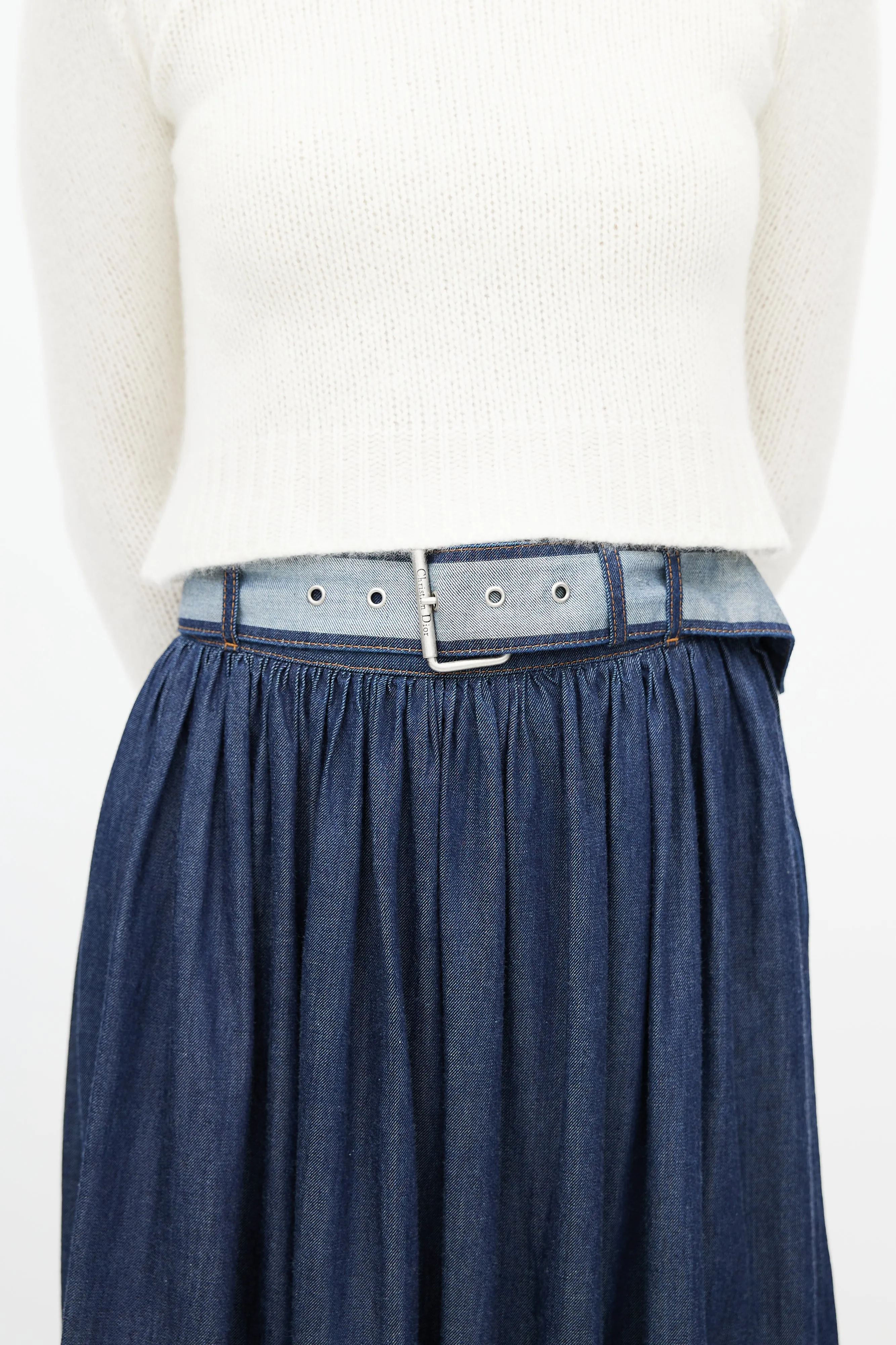 Navy Denim Gathered Belted Skirt
