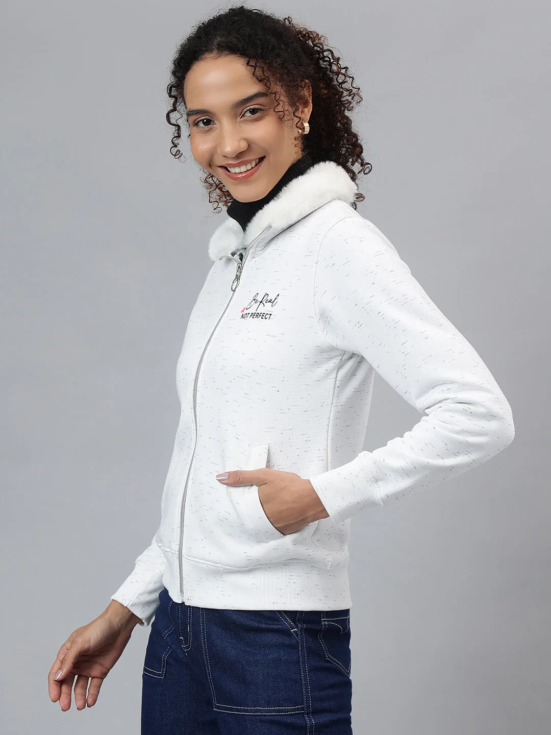 Richlook Women White Full Zipper Sweatshirt