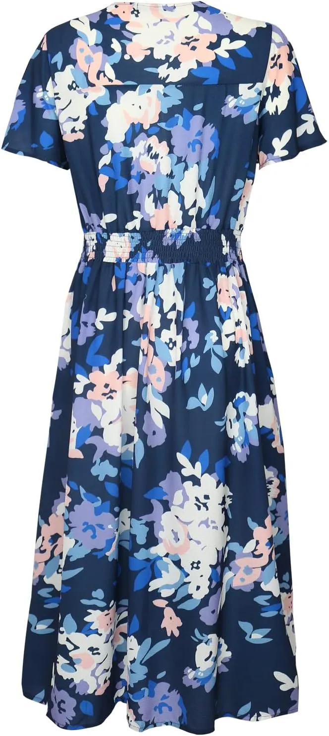 ROYLAMP Women's Floral Button Up Split Dress Deep V Short Bell Sleeve Casual Midi Dress with Pockets