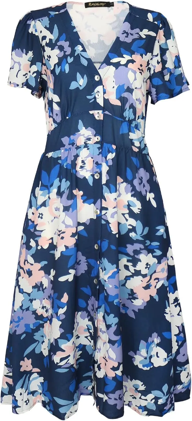 ROYLAMP Women's Floral Button Up Split Dress Deep V Short Bell Sleeve Casual Midi Dress with Pockets