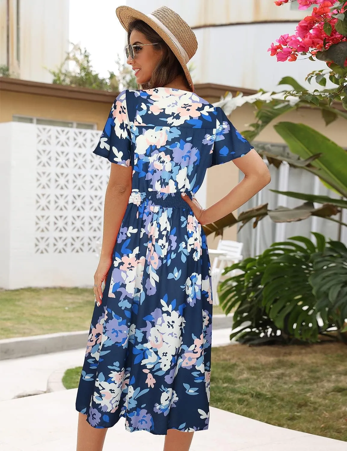 ROYLAMP Women's Floral Button Up Split Dress Deep V Short Bell Sleeve Casual Midi Dress with Pockets