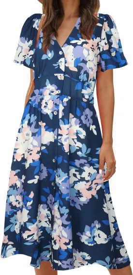 ROYLAMP Women's Floral Button Up Split Dress Deep V Short Bell Sleeve Casual Midi Dress with Pockets